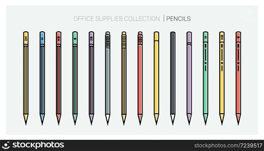Office supplies collection. Pencils set. Writing tools. Outline style. Pencil thin line vector icons with diferent classic design. Back to school. Writing materials, srationery. Vector illustration. Office supplies collection. Pencils set. Writing tools. Outline style. Pencil thin line vector icons with diferent classic design. Back to school. Writing materials, srationery