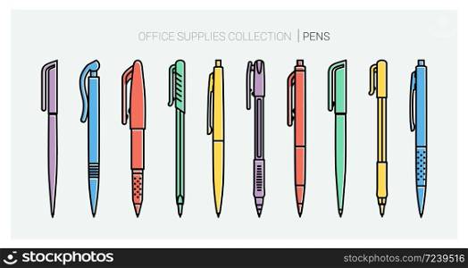 Office supplies collection. Pens set. Writing tools. Outline style. Ballpoint thin line vector icons. Back to school. Writing materials Vector Stationery collection.. Office supplies collection. Pens set. Writing tools. Outline style. Ballpoint thin line vector icons. Back to school. Writing materials Stationery collection.