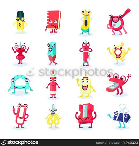 Office Supplies Funny Flat Collection. Office supplies funny flat collection with different smiling tools items accessories and stationery isolated vector illustration