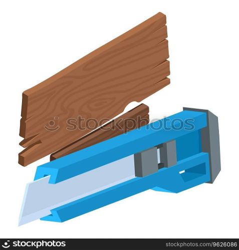 Office supplies icon isometric vector. Blue stationery knife and wooden plank. Office accessory. Office supplies icon isometric vector. Blue stationery knife and wooden plank