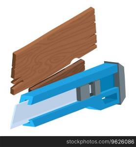 Office supplies icon isometric vector. Blue stationery knife and wooden plank. Office accessory. Office supplies icon isometric vector. Blue stationery knife and wooden plank