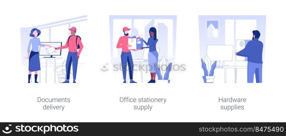 Office supplies isolated concept vector illustration set. Documents courier delivery, office stationery supply, hardware supplies, parcels and envelopes, gadget maintenance service vector cartoon.. Office supplies isolated concept vector illustrations.