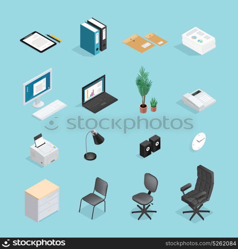 Office Supplies Isometric Icon Set. Colored and isolated office supplies isometric icon set with attributes furniture for office vector illustration