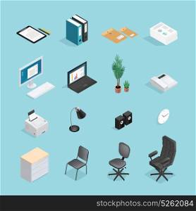 Office Supplies Isometric Icon Set. Colored and isolated office supplies isometric icon set with attributes furniture for office vector illustration