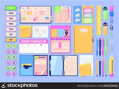 Office supplies. Notes travel books diary sketchbook with paper pages notepad pencils pen garish vector colored illustrations. Office notebook paper for education and business. Office supplies. Notes travel books diary sketchbook with paper pages notepad pencils pen garish vector colored illustrations