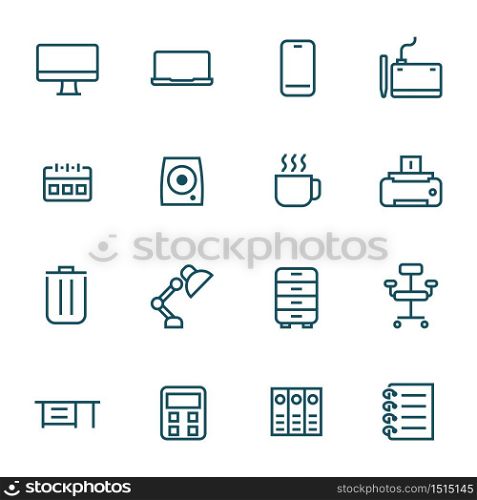 office supplies on work desk simple line icons set vector illustration