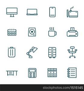 office supplies on work desk simple line icons set vector illustration