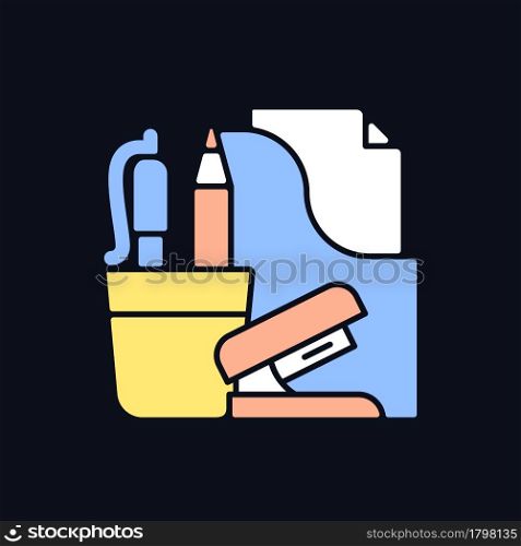 Office supplies RGB color icon for dark theme. Consumable product. Writing accessories and stapler. Isolated vector illustration on night mode background. Simple filled line drawing on black. Office supplies RGB color icon for dark theme