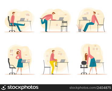 Office syndrome. Managers health problem with eyes neck and back worker stress headache recent vector characters. Illustration office employee symptom posture. Office syndrome. Managers health problem with eyes neck and back worker stress headache recent vector characters