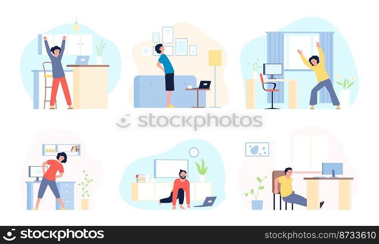 Office syndrome. Stretching exercise at working, at table fit position. Sport ergonomic training for business people. Stretched body and neck, vector scenes. Illustration of office syndrome body. Office syndrome. Stretching exercise at working, at table fit position. Sport ergonomic training for business people. Stretched body and neck, recent vector scenes