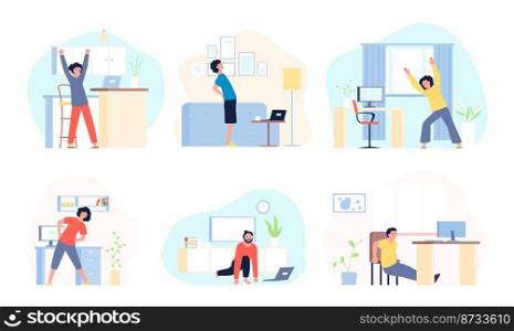 Office syndrome. Stretching exercise at working, at table fit position. Sport ergonomic training for business people. Stretched body and neck, vector scenes. Illustration of office syndrome body. Office syndrome. Stretching exercise at working, at table fit position. Sport ergonomic training for business people. Stretched body and neck, recent vector scenes