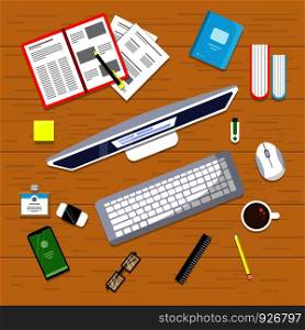 Office table top view. Business finance manager workspace with laptop books mouse pc vector flat concept pictures. Illustration of workplace office, organization and management. Office table top view. Business finance manager workspace with laptop books mouse pc vector flat concept pictures