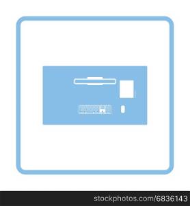 Office table top view icon. Blue frame design. Vector illustration.