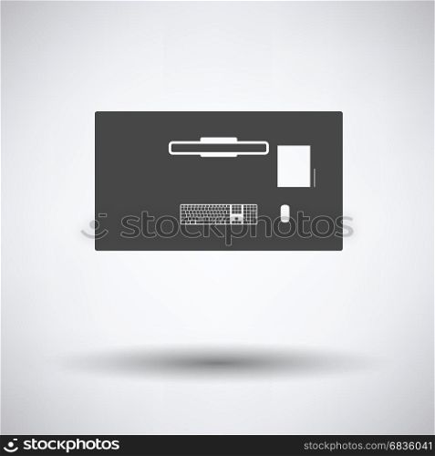 Office table top view icon on gray background, round shadow. Vector illustration.