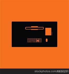 Office table top view icon. Orange background with black. Vector illustration.
