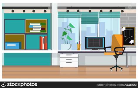 Office table with desktop computer vector illustration. Desk with potted plant against window with blinds. Workplace illustration