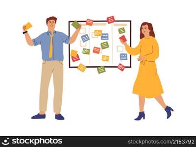 Office task board. Teamwork, overworking managers with lists. Time management, business development or fail targets vector concept. Teamwork board and meeting management illustration. Office task board. Teamwork, overworking managers with lists. Time management, business development or fail targets vector concept