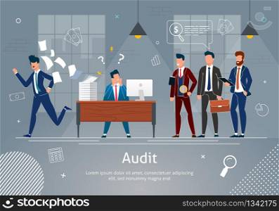 Office Team Banner Vector Illustration. Businessmen Cheking Work of Man. Stressed Man at Workplace with Computer and Documents Flying away. Auditor with Magnifying Glass during Examination of Report.. Stressed Man at Workplace Checked by Auditors.