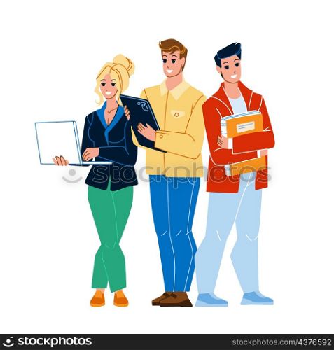 Office Team Colleagues Working Together Vector. Young Man And Woman Office Team Work With Laptop, Smartphone Digital Devices And Documentation. Characters Employees Flat Cartoon Illustration. Office Team Colleagues Working Together Vector