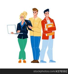 Office Team Colleagues Working Together Vector. Young Man And Woman Office Team Work With Laptop, Smartphone Digital Devices And Documentation. Characters Employees Flat Cartoon Illustration. Office Team Colleagues Working Together Vector