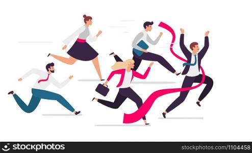 Office team crosses finish line. Team leader tears red finish ribbon, teamwork competition and successful professionals run together. Business team winning isolated flat vector illustration. Office team crosses finish line. Team leader tears red finish ribbon, teamwork competition and successful professionals run together flat vector illustration