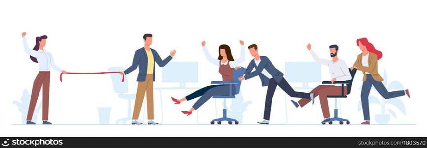 Office team game. People chair riding, men and women actively playing, team building event, business characters having fun. Company competition for employee. Vector cartoon flat isolated concept. Office team game. People chair riding, men and women actively playing, team building event, business characters having fun. Competition for employee. Vector cartoon flat isolated concept