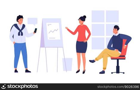 Office team group, business people present chart. Vector of business team, office teamwork group illustration , chart presentation to meeting. Office team group, business people present chart