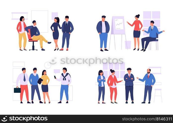 Office team group. Business people standing together and communicating, happy successful diverse corporate employees. Vector coworkers and partnership concept. Colleagues having presentation. Office team group. Business people standing together and communicating, happy successful diverse corporate employees. Vector coworkers and partnership concept