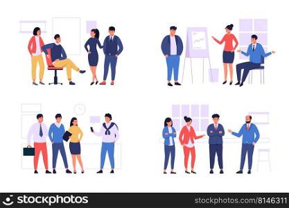 Office team group. Business people standing together and communicating, happy successful diverse corporate employees. Vector coworkers and partnership concept. Colleagues having presentation. Office team group. Business people standing together and communicating, happy successful diverse corporate employees. Vector coworkers and partnership concept