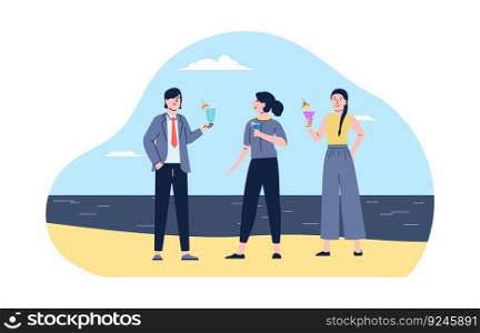 Office team rest on beach with drinks. Managers holiday or vacations. Happy man and woman on summer party, freelancers vector concept. Illustration of office team travel and rest. Office team rest on beach with drinks. Managers holiday or vacations. Happy man and woman on summer party, freelancers vector concept