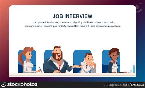 Office Team Sit on Chair. Job Interview Process. Group of Man and Woman in Formal Suit. Human Resource Manager or Boss at Work Desk Ask Question. Coworker Character. Cartoon Flat Vector Illustration. Office Team Sit on Chair. Job Interview Process