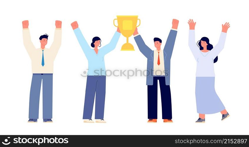 Office team winner. Young business winners, happy woman hold trophy. Person hands up, isolated businessmen group cartoon utter vector characters. Illustration winner team with trophy. Office team winner. Young business winners, happy woman hold trophy. Person hands up, isolated businessmen group cartoon utter vector characters