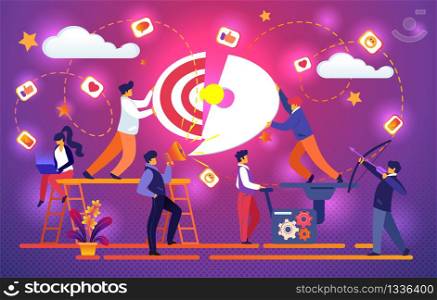 Office Team Working Together Set Up Target Puzzle with Light Bulb, Creative Idea of Business Success. Girl Work at Laptop, Man Archer Shoot in Aim, Guy with Megaphone Cartoon Flat Vector Illustration.. Office Team Working Together Set Up Target Puzzle.