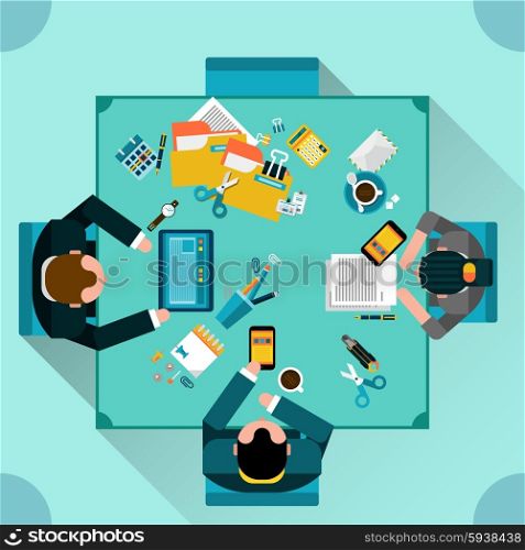 Office teamwork concept with top view people sitting at the table flat vector illustration. Office Teamwork Concept