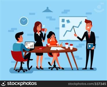 Office teamwork or business meeting, talking employees in office. Busy corporate cartoon workers. Businessman and team works together, management, vector concept. Office teamwork or business meeting. Busy corporate cartoon work