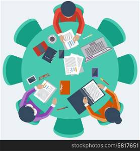 Office teamwork workers business management meeting and brainstorming on round table in top view flat design cartoon style