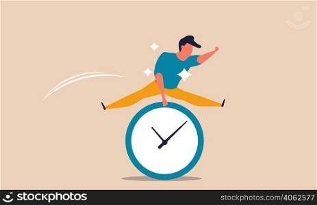 Office time clock and happy businessman. Busy man and deadline. Project schedule and hand plan vector illustration concept. Business character career and jump worker. Confident employee people