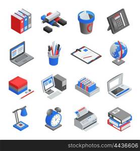 Office Tools Isometric Icons Set. Different red blue and grey office tools for workplace isometric icons set isolated vector illustration