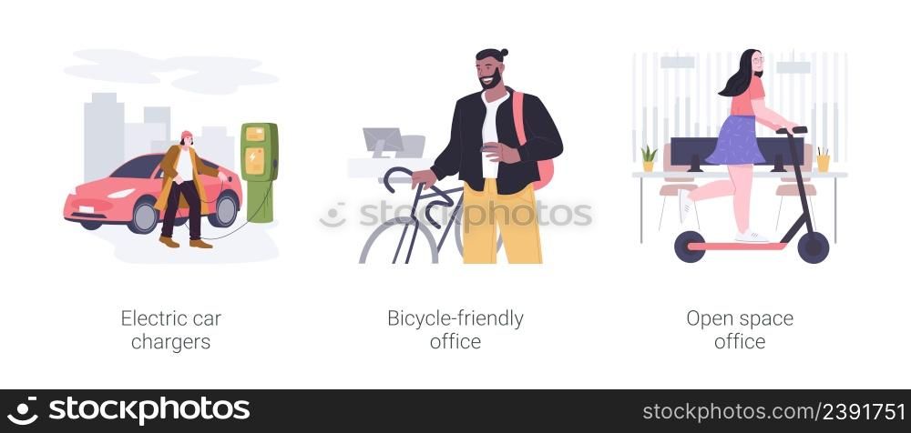Office transportation isolated cartoon vector illustrations set. Electric car chargers near smart office, bicycle-friendly workspace, riding an electric scooter at modern workplace vector cartoon.. Office transportation isolated cartoon vector illustrations set.