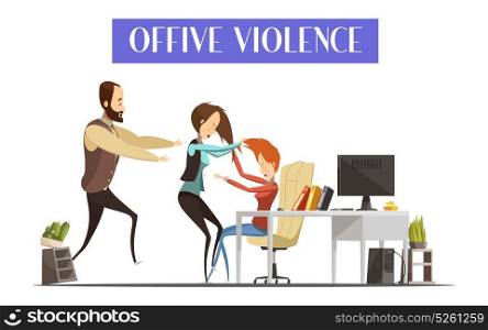 Office Violence Illustration. Office violence with fight of women in workplace man running toward them and interior elements vector illustration