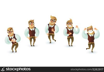 Office Week Man Set. Funny office hispter man emotions in different days of week cartoon isolated on white background vector illustration
