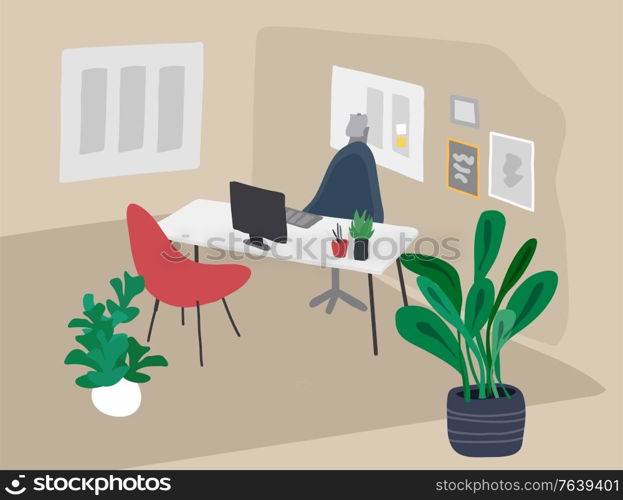 Office with houseplants vector illustration . Coworking workspace interior design in nordic or Scandinavian style. Workers desks with rolling chairs. Laptops and potted plants. Office with houseplants vector illustration . Coworking workspace interior design in nordic or Scandinavian style. Workers desks with rolling chairs. Laptops and potted