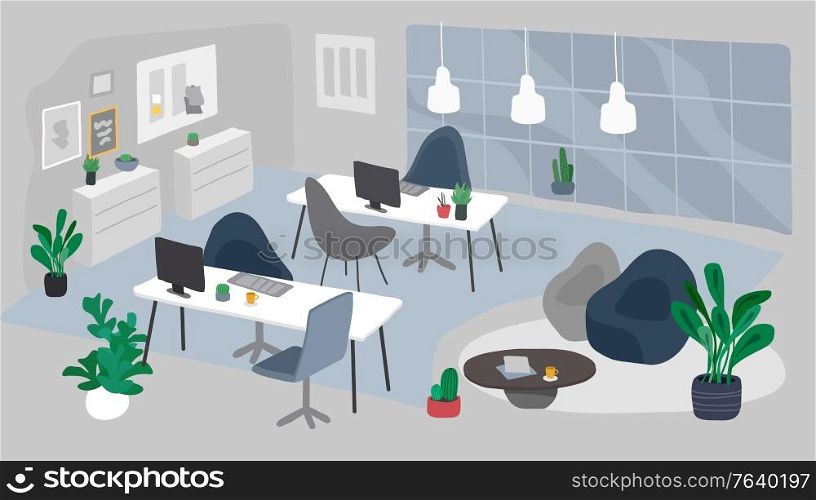 Office with houseplants vector illustration . Coworking workspace interior design in nordic or Scandinavian style. Workers desks with rolling chairs. Laptops and potted plants. Office with houseplants vector illustration . Coworking workspace interior design in nordic or Scandinavian style. Workers desks with rolling chairs. Laptops and potted