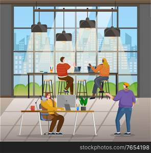 Office with people coworking together. Character doing their job, using devices and laptops. IT specialists and managers of company, team leader giving tasks and making check. Vector illustration. Coworking People, Office Interior with Workers