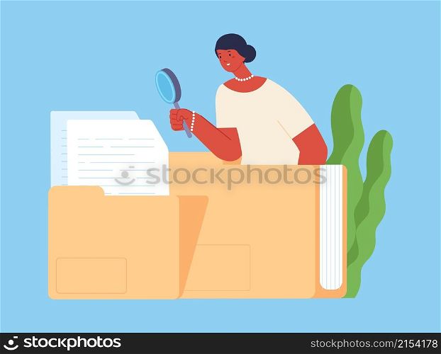 Office woman search files. Girl look in magnifying glass, businesswoman or human resources manager. Data safe, information vector concept. Illustration of office archive, storage and management. Office woman search files. Girl look in magnifying glass, businesswoman or human resources manager. Data safe, information vector concept