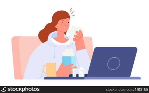 Office woman sick. Sad student at computer, tired female professional. Manager burnout, cold or allergy symptoms utter vector concept. Illustration female sick, sitting at workplace. Office woman sick. Sad student at computer, tired female professional. Manager burnout, cold or allergy symptoms utter vector concept