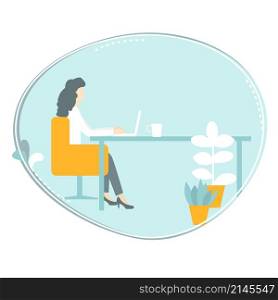 Office woman working on a laptop.Vector illustration