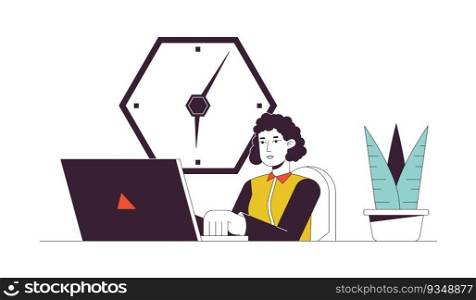 Office woman working on laptop flat line concept vector spot illustration. Employee 2D cartoon outline character on white for web UI design. Desk office work editable isolated colorful hero image. Office woman working on laptop flat line concept vector spot illustration