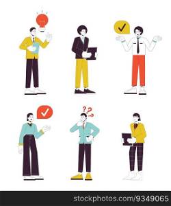 Office women and office men flat line vector spot illustration set. Clerical workers 2D cartoon outline characters on white for web UI design. Colleagues editable isolated colorful hero image pack. Office women and office men flat line vector spot illustration set