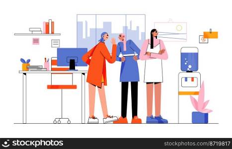 Office women gossip, whisper and commenting colleague behind of her back. Evil people talk at workplace near cooler, telling rumors, slandering, backbiting, tattling Line art flat vector Illustration. Office women gossip colleague at water cooler